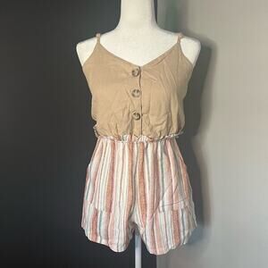 Lily Rose Woman's Tan Striped V Neckline Romper Outfit- Size S